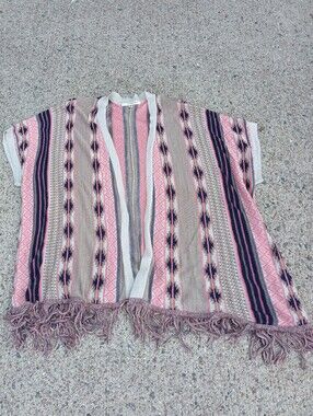 Y2K Boho Fringe Knit Poncho Top in Pink and Beige Size M